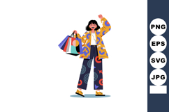 Young woman holding shopping bags in colorful outfit with jo Product Image 1