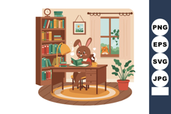 Rabbit reading book at wooden desk in cozy study room with c Product Image 1