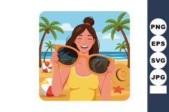 Woman at sunny tropical beach holding oversized sunglasses w Product Image 1