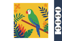 Green parrot perched on branch with tropical leaves and oran Product Image 1