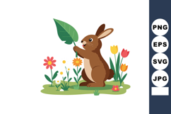 Brown rabbit holding a large green leaf with colorful spring Product Image 1
