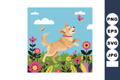 Happy dog playing with colorful butterflies in vibrant flowe Product Image 1