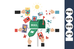 Mailbox with colorful greeting cards and hands sending mail Product Image 1