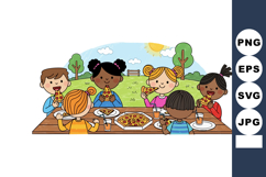 Children enjoying pizza picnic outdoors at sunny park with d Product Image 1