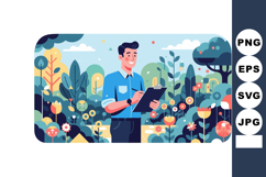 Man holding clipboard in colorful garden with flowers and tr Product Image 1