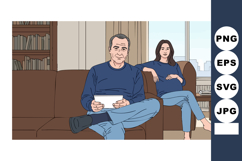 Middle-aged couple relaxing at home with tablet and pregnant Product Image 1