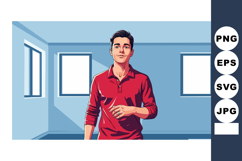 Young man standing inside room with large windows wearing re Product Image 1