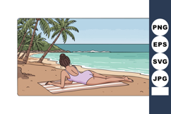 Woman Relaxing on Tropical Beach with Palm Trees and Ocean W Product Image 1