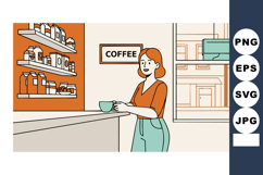 Woman enjoying coffee in modern cafe interior with orange ac Product Image 1