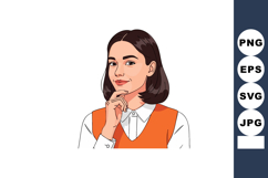 Thoughtful young woman with brown hair in orange vest and wh Product Image 1