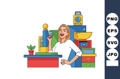 Woman smiling holding coffee cup in colorful kitchen setting Product Image 1