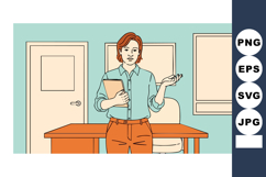 Female teacher standing in classroom holding book and explai Product Image 1