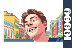 Young man smiling outdoors with colorful urban buildings in Product Image 1