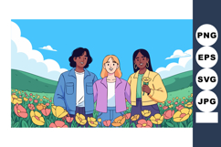 Group of diverse young women standing together in flower fie Product Image 1