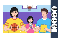 Basketball players coaching young girl drinking juice in gym Product Image 1