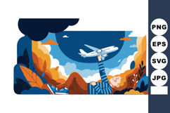 Child lying on ground holding toy airplane in blue orange na Product Image 1