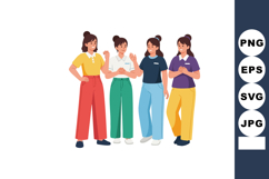Group of four young women standing and chatting in colorful Product Image 1