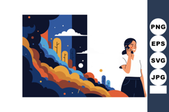 Woman Using Phone Near City Pollution Smoke at Night Vector Product Image 1