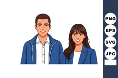 Young man and woman smiling together in casual blue jackets Product Image 1