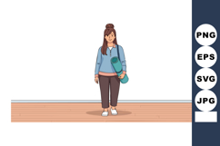 Woman in casual clothes holding yoga mat standing on wooden Product Image 1