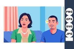 Man and woman sitting indoors having conversation casual clo Product Image 1