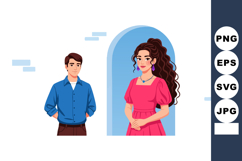 Young man and woman standing near blue arched window in casu Product Image 1