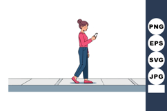 Young woman walking on sidewalk looking at smartphone casual Product Image 1