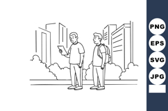 Two young men standing outdoors with tablet and backpack in Product Image 1