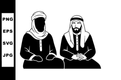 Two Arab Men Wearing Traditional Thobe and Headscarf Sitting Product Image 1