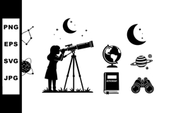 Child observing night sky through telescope with astronomy b Product Image 1