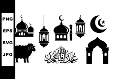 Islamic Eid al-Adha vector icons with mosque lantern crescen Product Image 1