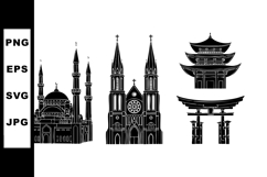 Vector set of mosque church pagoda and torii gate architectu Product Image 1