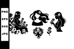 Silhouettes of women with flowers and floral elements in bla Product Image 1