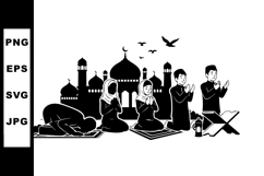 Muslim family praying together in mosque silhouette vector w Product Image 1