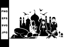 Muslim people praying in mosque silhouette with islamic arch Product Image 1