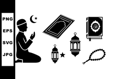 Muslim boy praying on prayer mat with lanterns, crescent moo Product Image 1