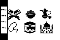 Islamic religious symbols including Quran, prayer beads, cof Product Image 1