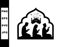 Silhouette of Muslim family praying together inside mosque w Product Image 1