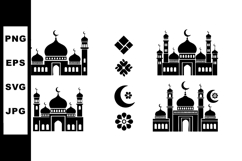 Mosque silhouette icons with crescent moon and floral decora Product Image 1