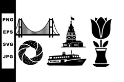 Vector icons featuring Golden Gate Bridge, ferry, tulip flow Product Image 1