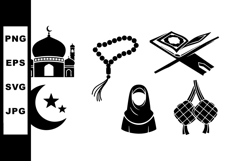 Islamic symbols including mosque, prayer beads, Quran, cresc Product Image 1