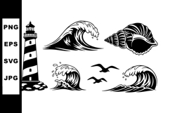 Lighthouse with ocean waves seashell and flying birds black Product Image 1