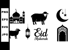 Eid Mubarak celebration icons with mosque lantern sheep cres Product Image 1