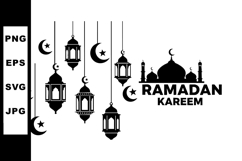 Ramadan Kareem greeting with hanging lanterns crescent moon Product Image 1