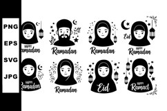 Ramadan and Eid Muslim characters with lanterns crescent sta Product Image 1