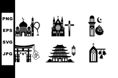 Religious symbols and famous places icons set featuring mosq Product Image 1