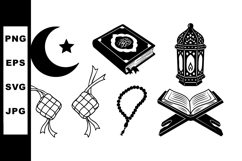 Islamic symbols vector set with crescent star, Quran, lanter Product Image 1