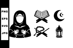 Muslim woman praying with Quran crescent moon lantern and pr Product Image 1