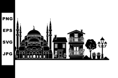 Silhouette of mosque with domes and minarets next to residen Product Image 1