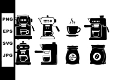 Coffee machine icons with steaming cup and coffee bag vector Product Image 1